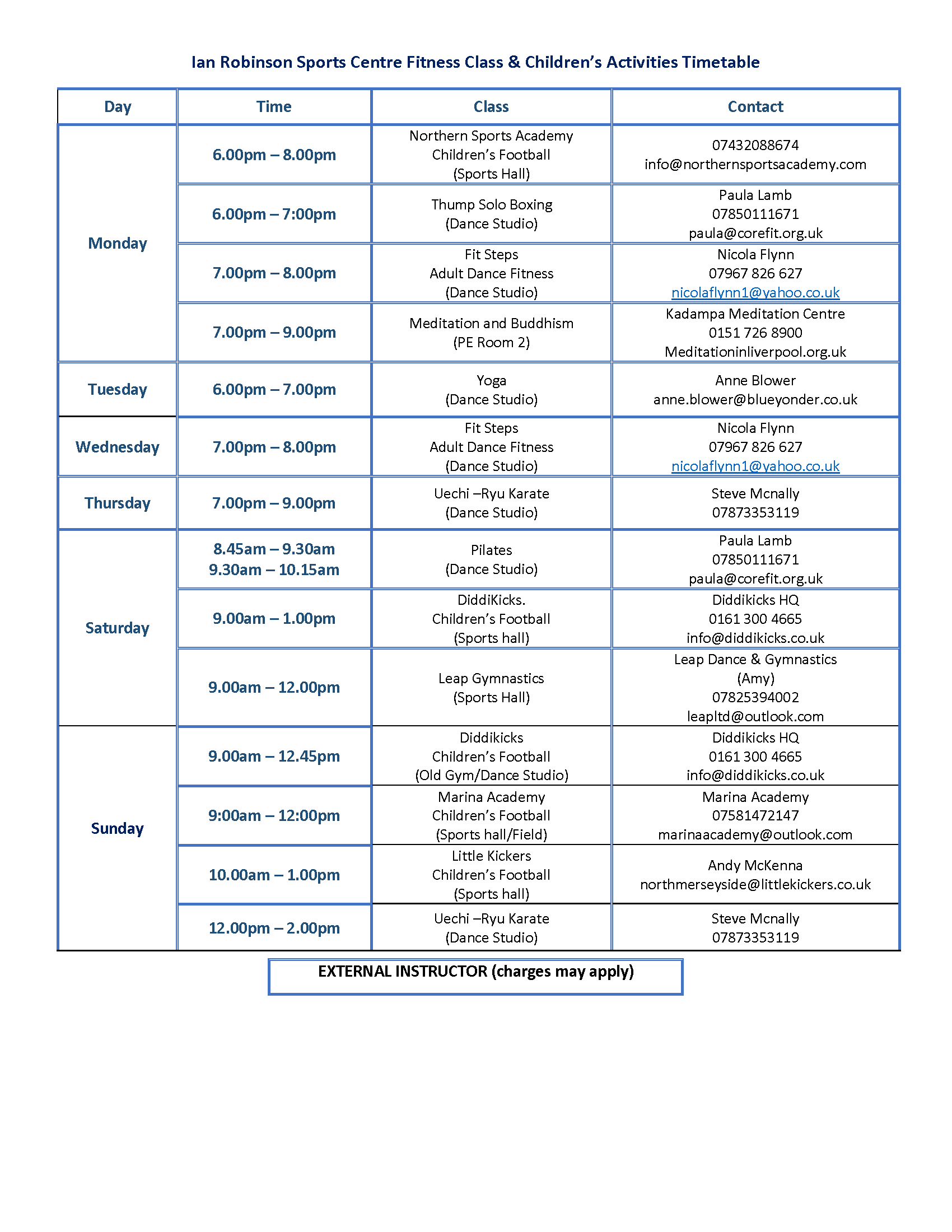 Fitness Class Timetable - Merchant Taylors' School