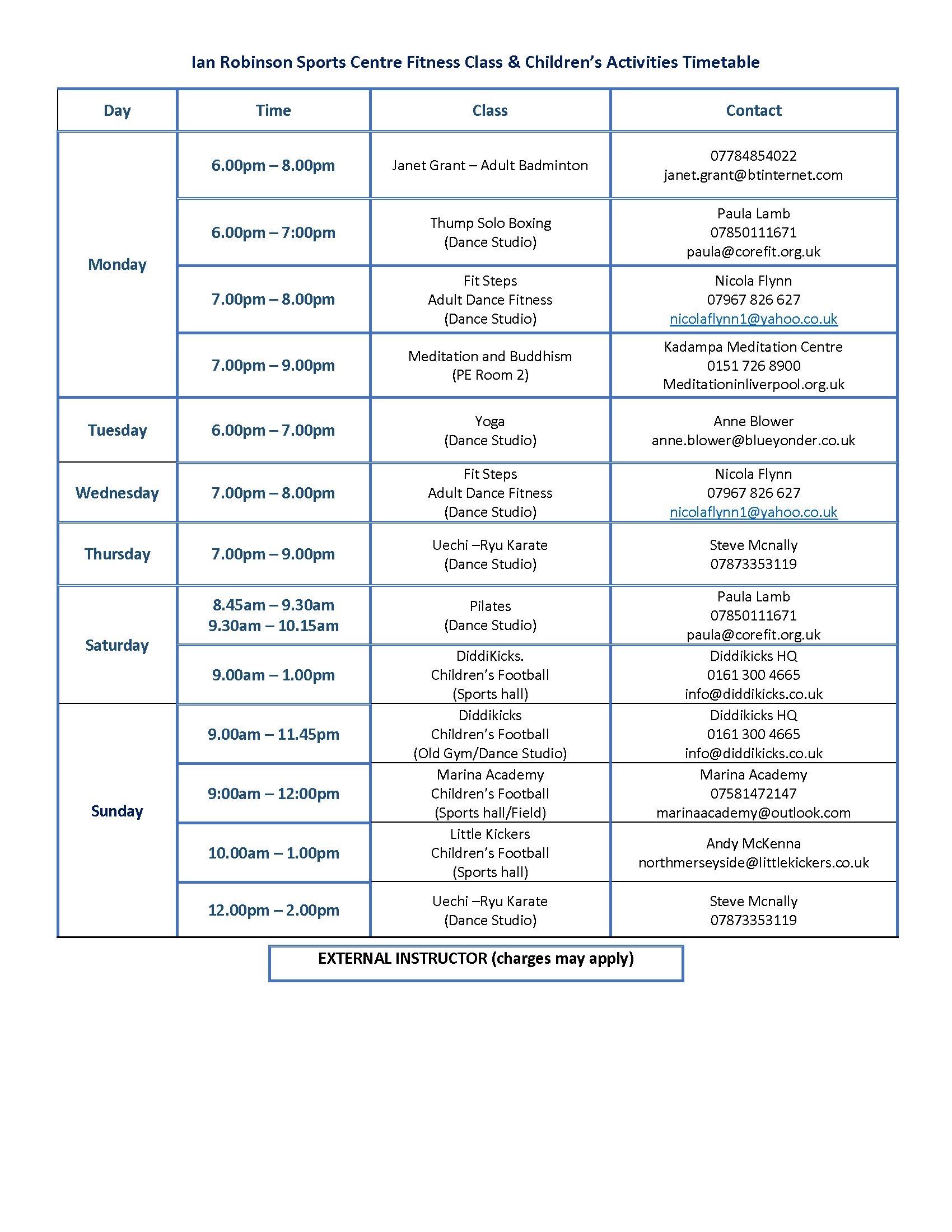 Fitness Class Timetable - Merchant Taylors' School